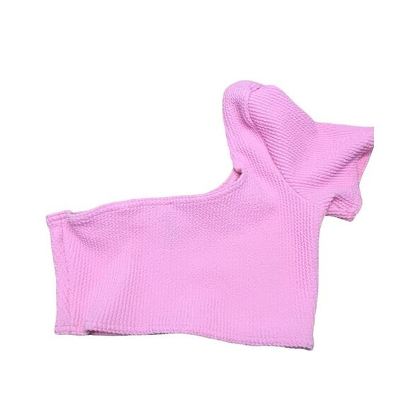 PrettyLittleThings One Shoulder Bikini Top Pink Stretch Crinkle Short Sleeve Swi - Picture 5 of 7